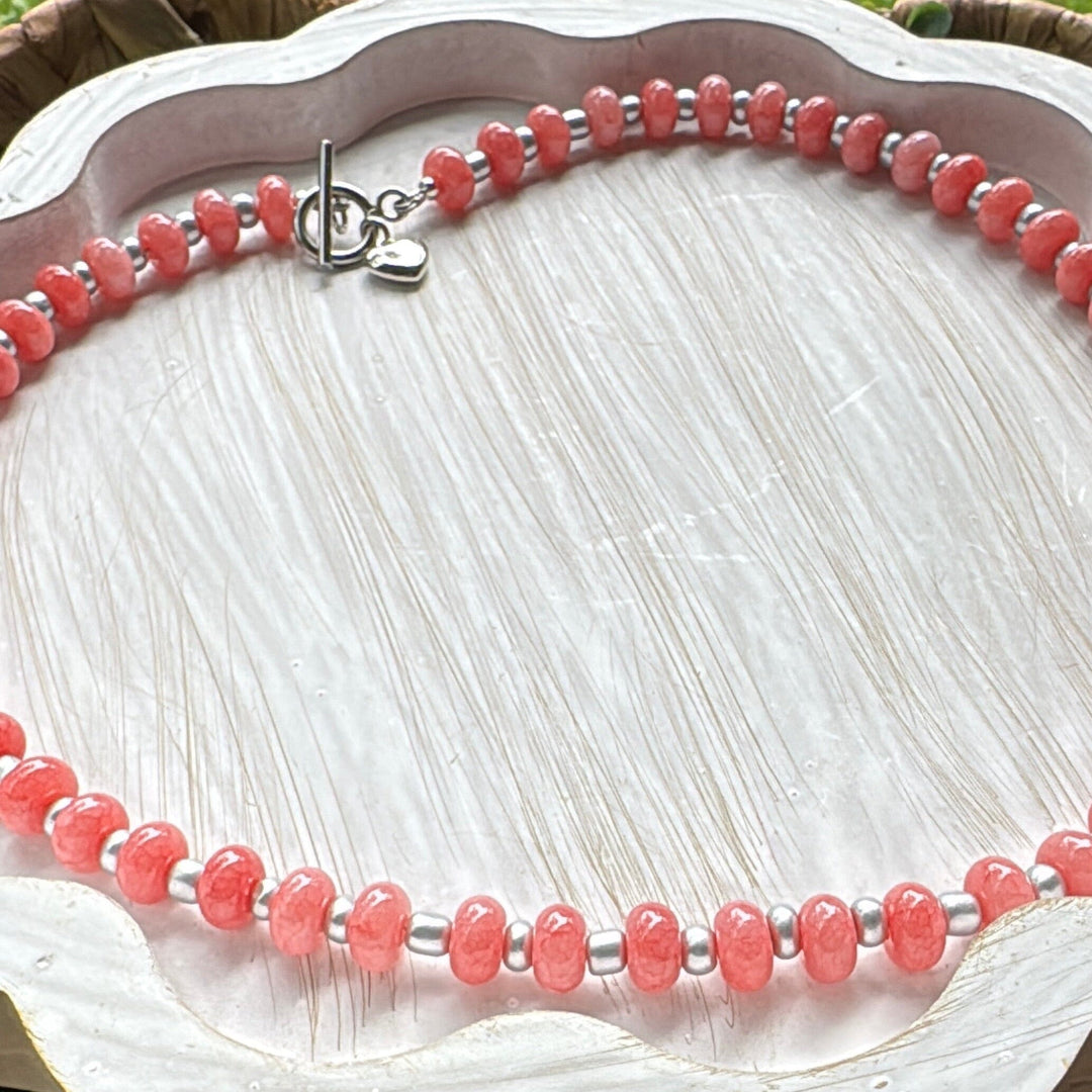 New! 5mm Pink Silver Sky Rondelle Candy Necklace | 16" Women Toggle Clasp Necklace | Stainless Steel Wire Create Hope Cuffs 