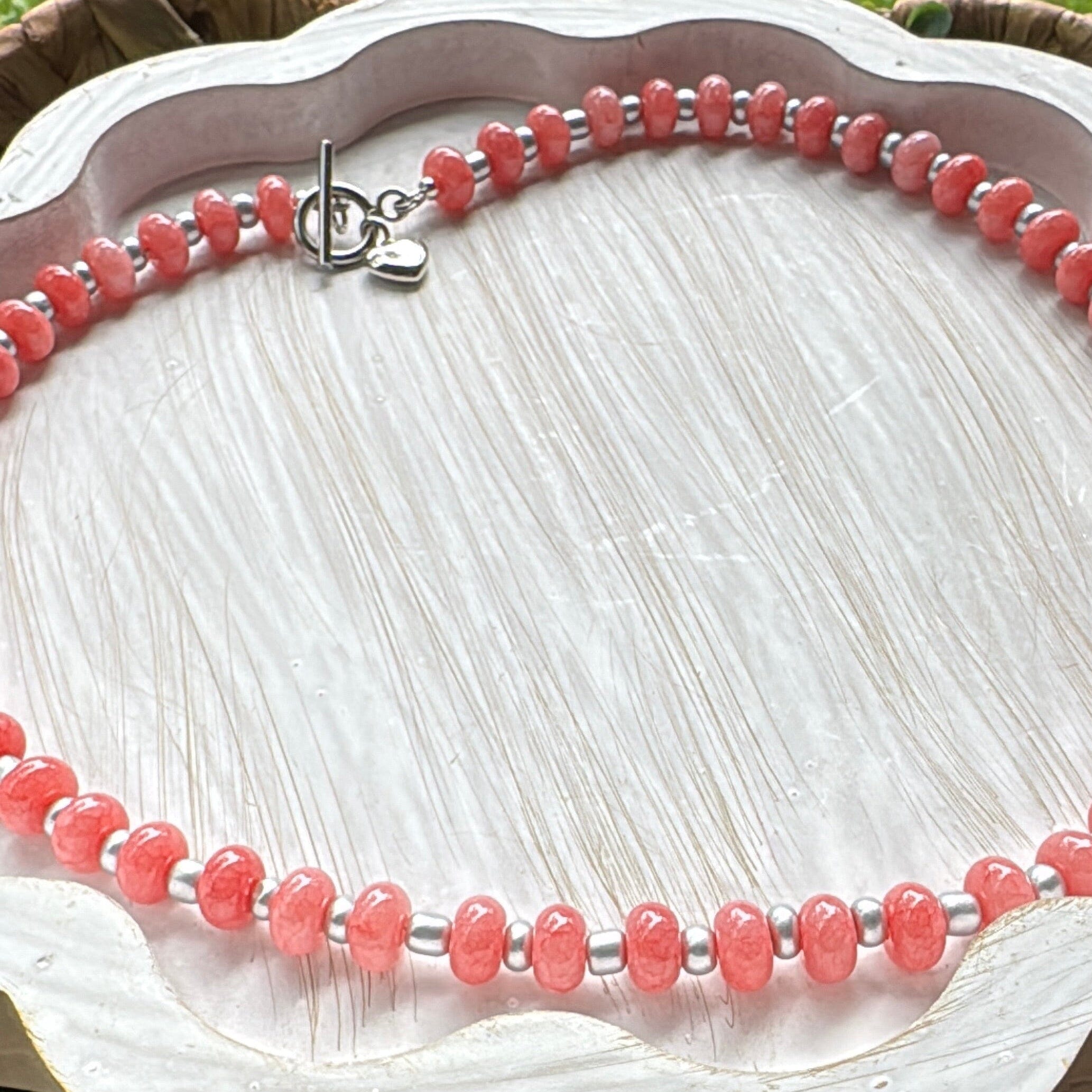 New! 5mm Pink Silver Sky Rondelle Candy Necklace | 16" Women Toggle Clasp Necklace | Stainless Steel Wire Create Hope Cuffs 