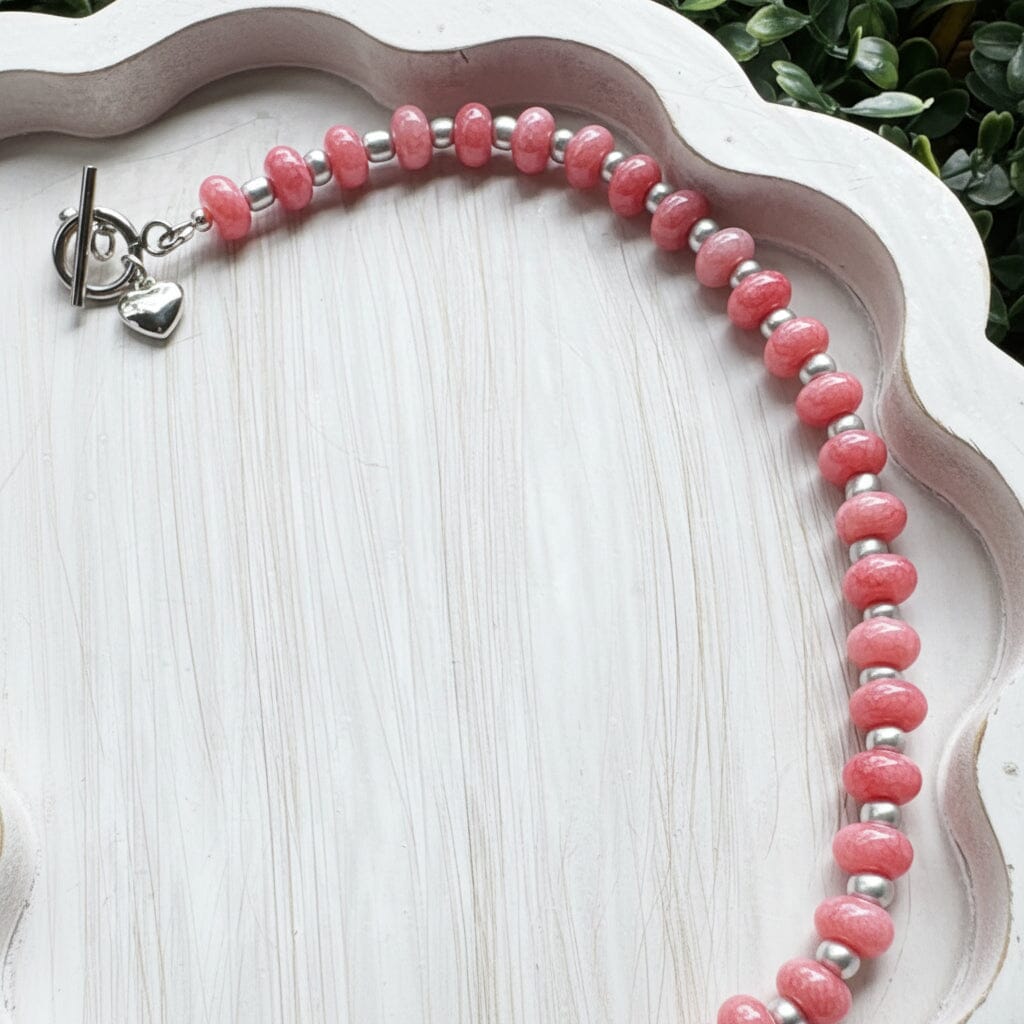 New! 5mm Pink Silver Sky Rondelle Candy Necklace | 16" Women Toggle Clasp Necklace | Stainless Steel Wire Create Hope Cuffs 