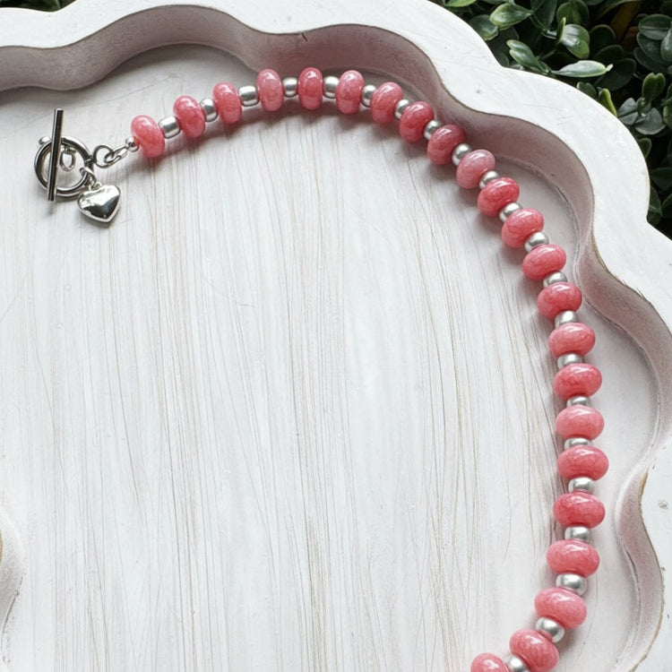 New! 5mm Pink Silver Sky Rondelle Candy Necklace | 16" Women Toggle Clasp Necklace | Stainless Steel Wire Create Hope Cuffs 