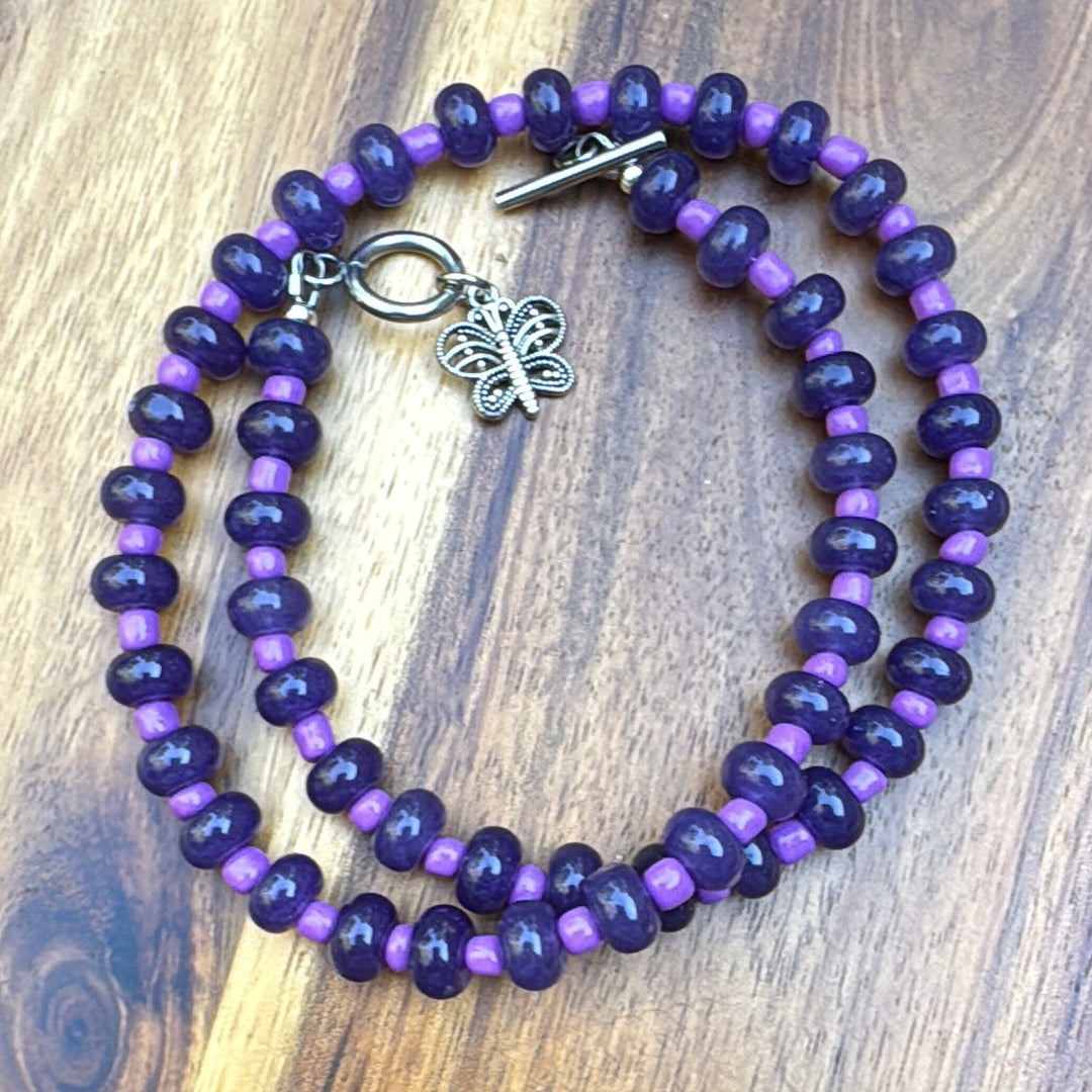 New! 5mm Purple Butterfly Rondelle Candy Necklace | 16" Women Toggle Clasp Necklace | Stainless Steel Wire Create Hope Cuffs 