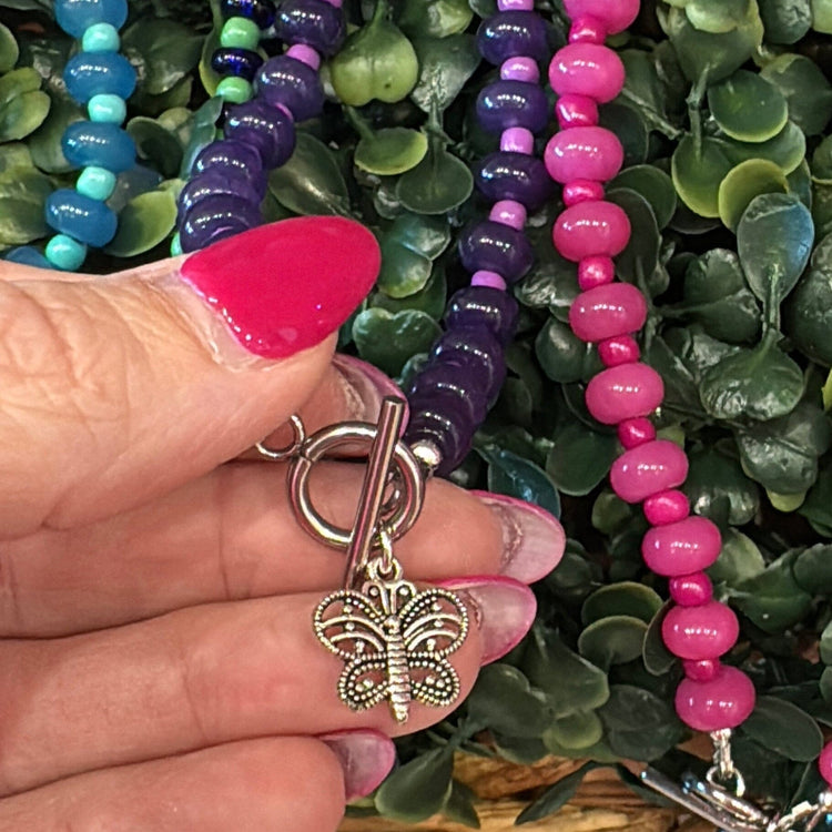 New! 5mm Purple Butterfly Rondelle Candy Necklace | 16" Women Toggle Clasp Necklace | Stainless Steel Wire Create Hope Cuffs 