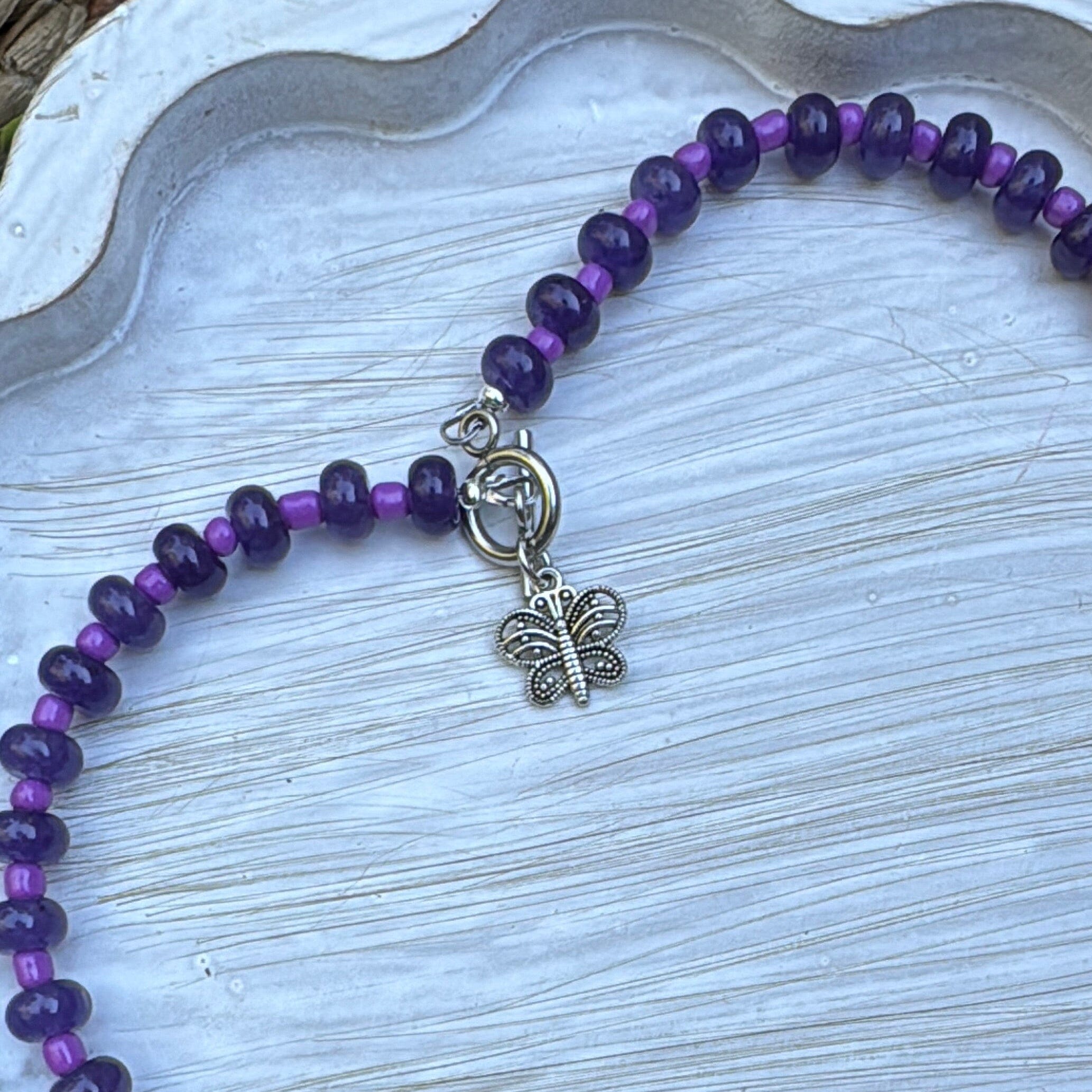 New! 5mm Purple Butterfly Rondelle Candy Necklace | 16" Women Toggle Clasp Necklace | Stainless Steel Wire Create Hope Cuffs 