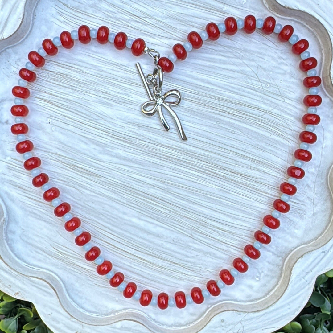 New! 5mm Red Bow Rondelle Candy Necklace | 16" Women Toggle Clasp Necklace | Stainless Steel Wire Create Hope Cuffs 