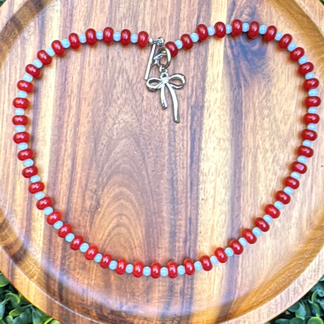 New! 5mm Red Bow Rondelle Candy Necklace | 16" Women Toggle Clasp Necklace | Stainless Steel Wire Create Hope Cuffs 