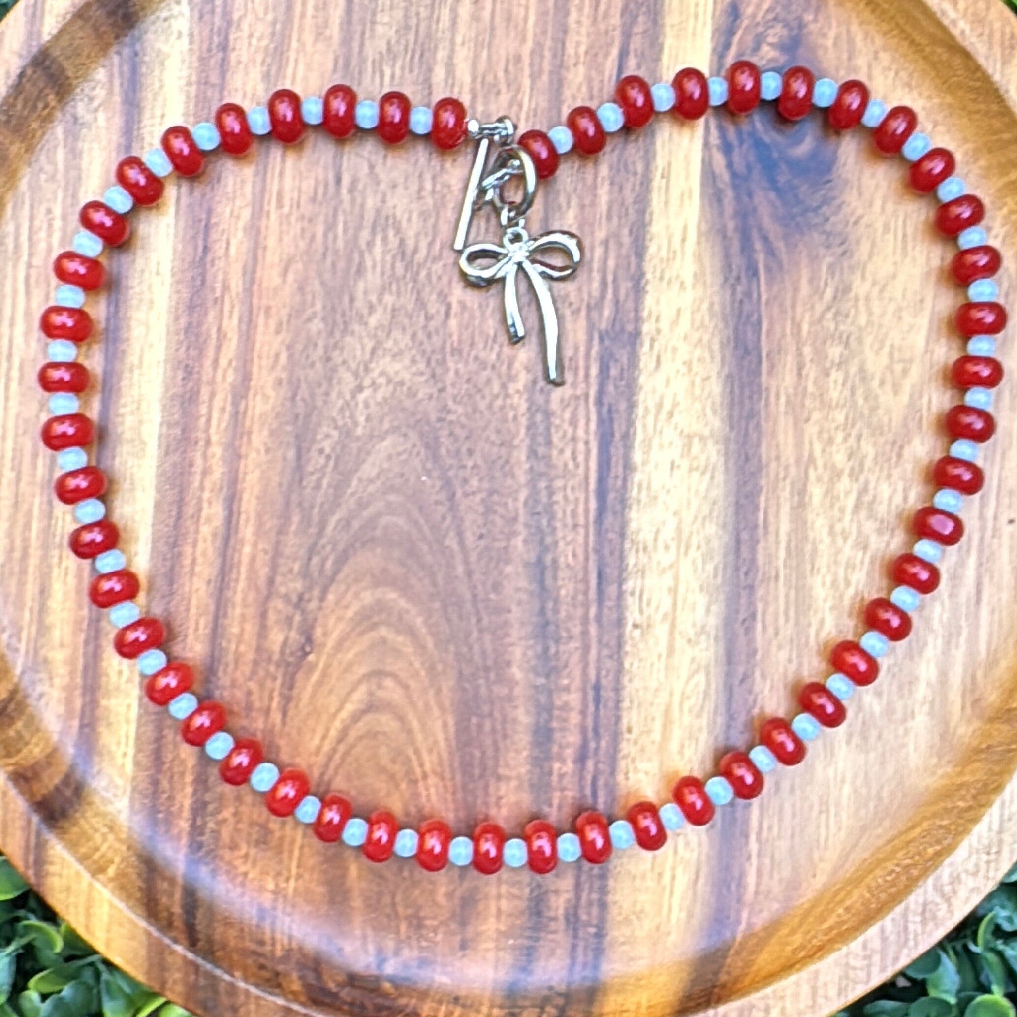 New! 5mm Red Bow Rondelle Candy Necklace | 16" Women Toggle Clasp Necklace | Stainless Steel Wire Create Hope Cuffs 