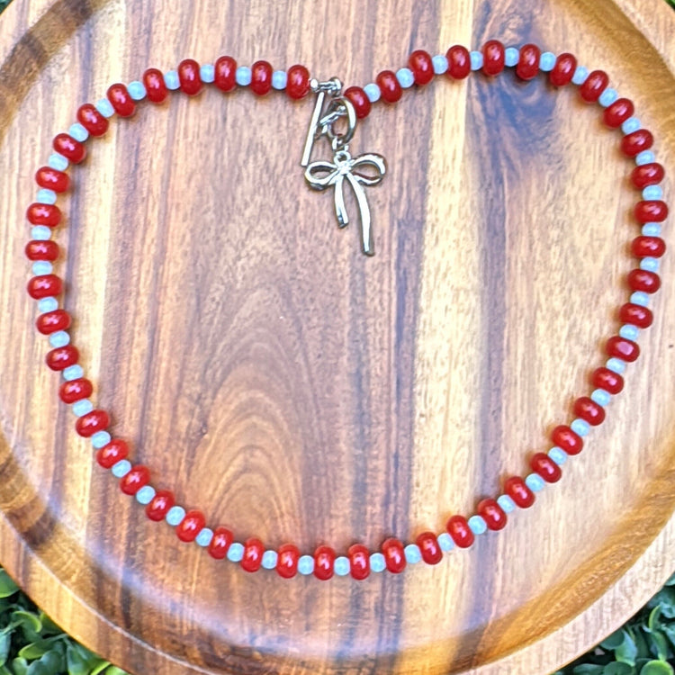 New! 5mm Red Bow Rondelle Candy Necklace | 16" Women Toggle Clasp Necklace | Stainless Steel Wire Create Hope Cuffs 