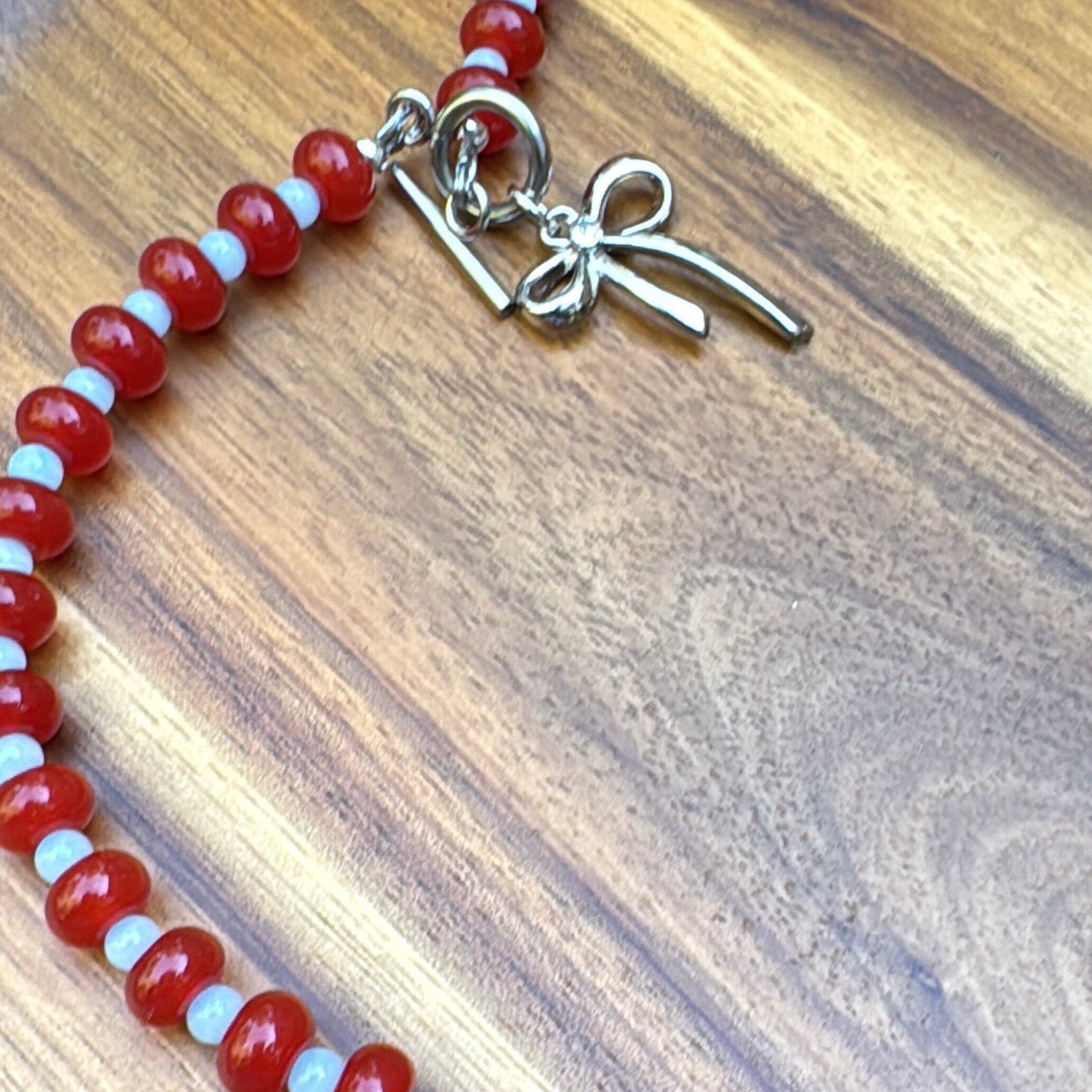 New! 5mm Red Bow Rondelle Candy Necklace | 16" Women Toggle Clasp Necklace | Stainless Steel Wire Create Hope Cuffs 