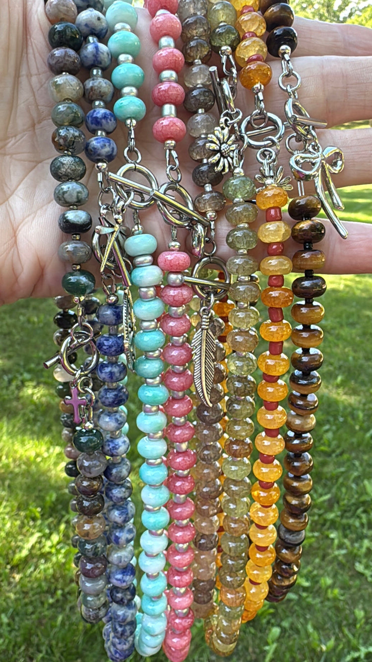 New! 5mm Tiger Eye Rondelle Gemstone Necklace | 16" Women Toggle Clasp Necklace | Stainless Steel Wire Create Hope Cuffs 