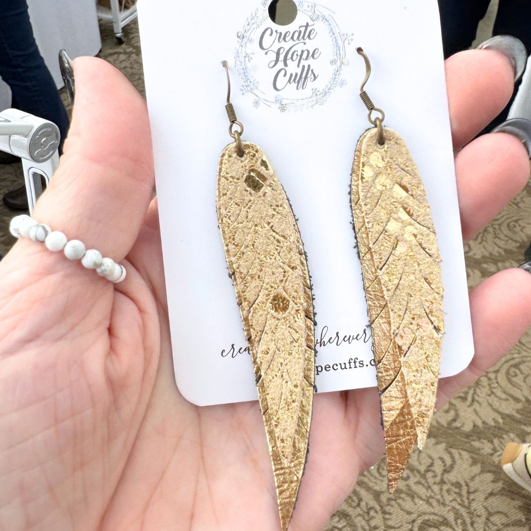 New! Gold Metallic Halo Feathers | Leather Earrings | 6 Colors | Hypoallergenic | Women Leather Earrings Create Hope Cuffs 