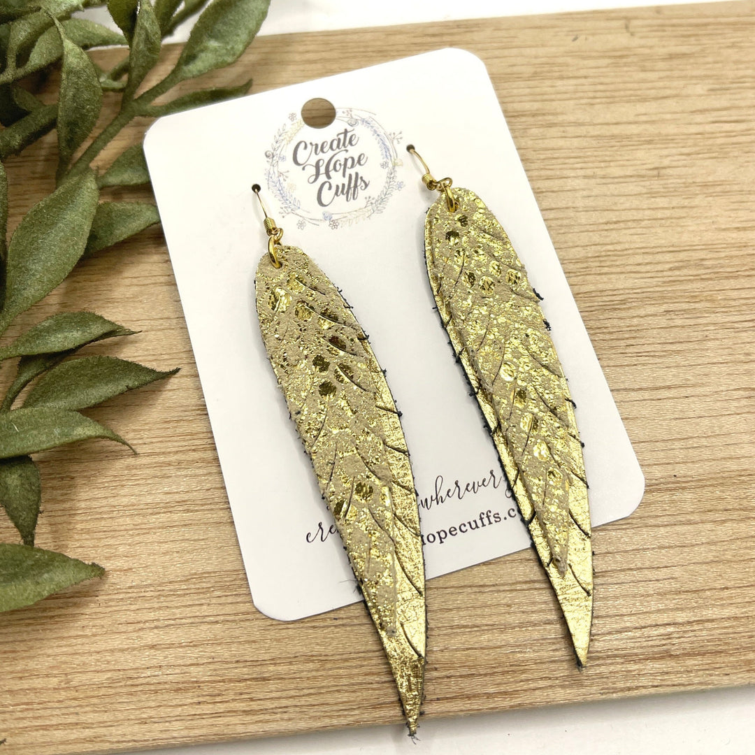 New! Gold Metallic Halo Feathers | Leather Earrings | 6 Colors | Hypoallergenic | Women Leather Earrings Create Hope Cuffs 