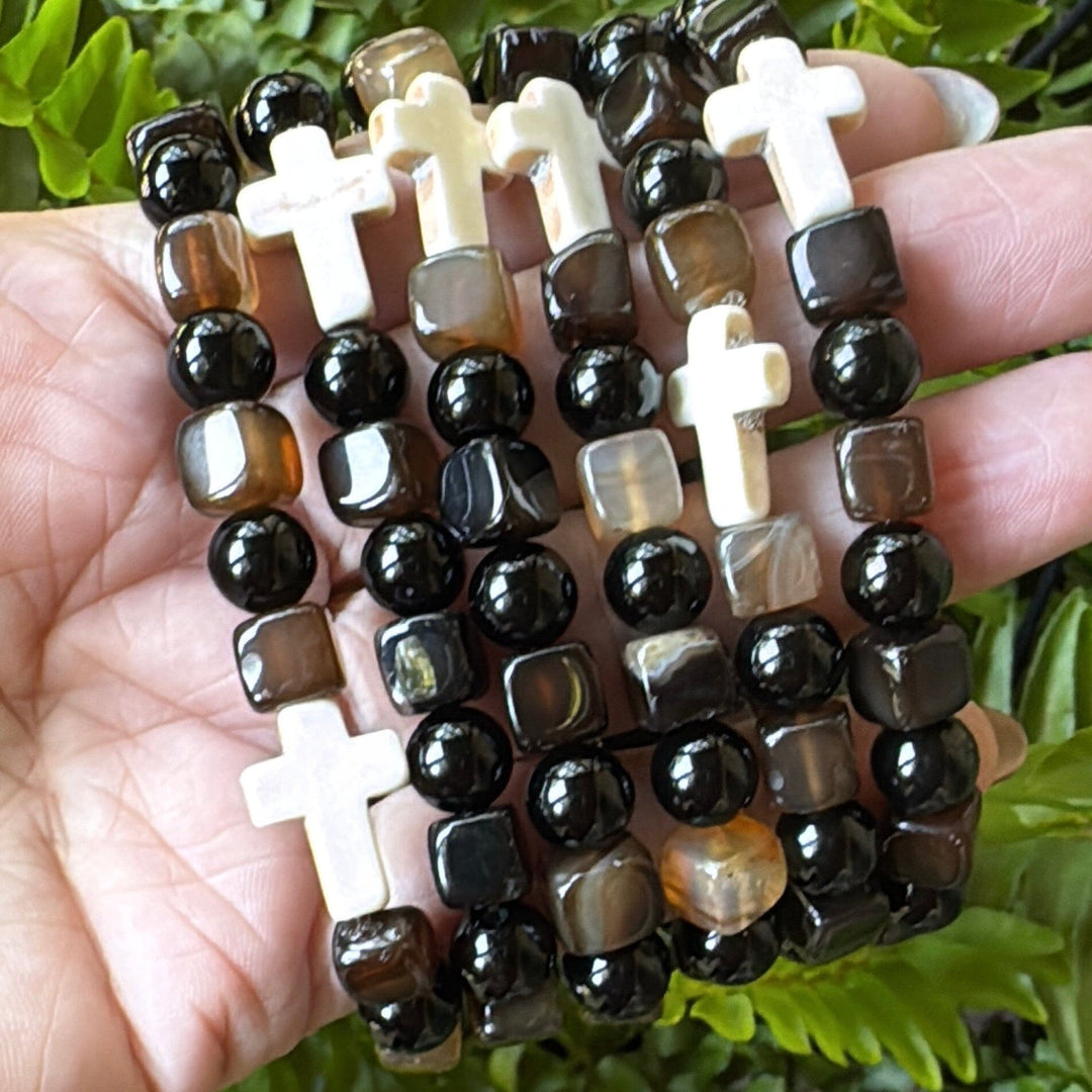 New! Mocha Cross Square Mix | Gemstone Bead Bracelets | 8mm Stone | Unisex Bracelets Create Hope Cuffs 