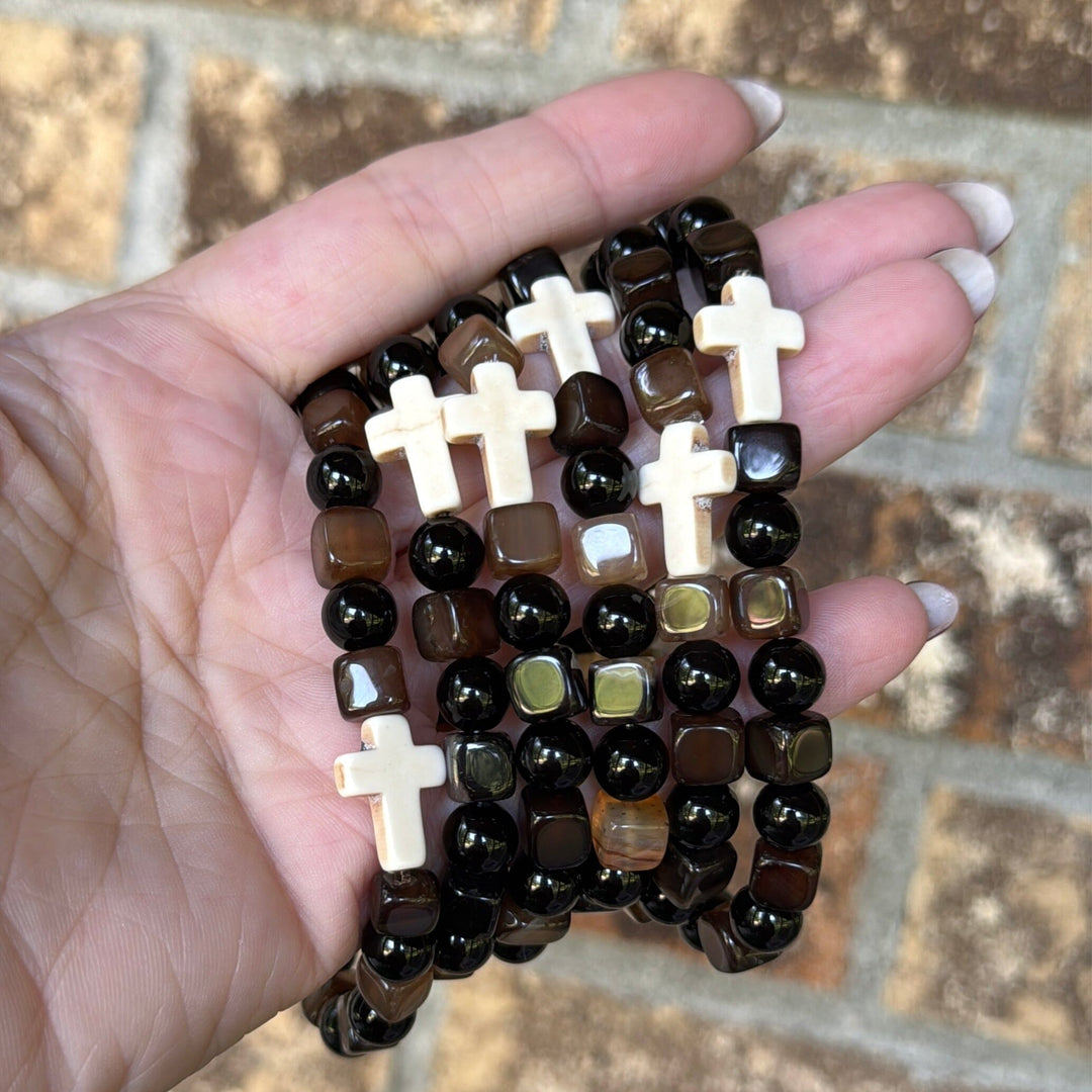 New! Mocha Cross Square Mix | Gemstone Bead Bracelets | 8mm Stone | Unisex Bracelets Create Hope Cuffs 
