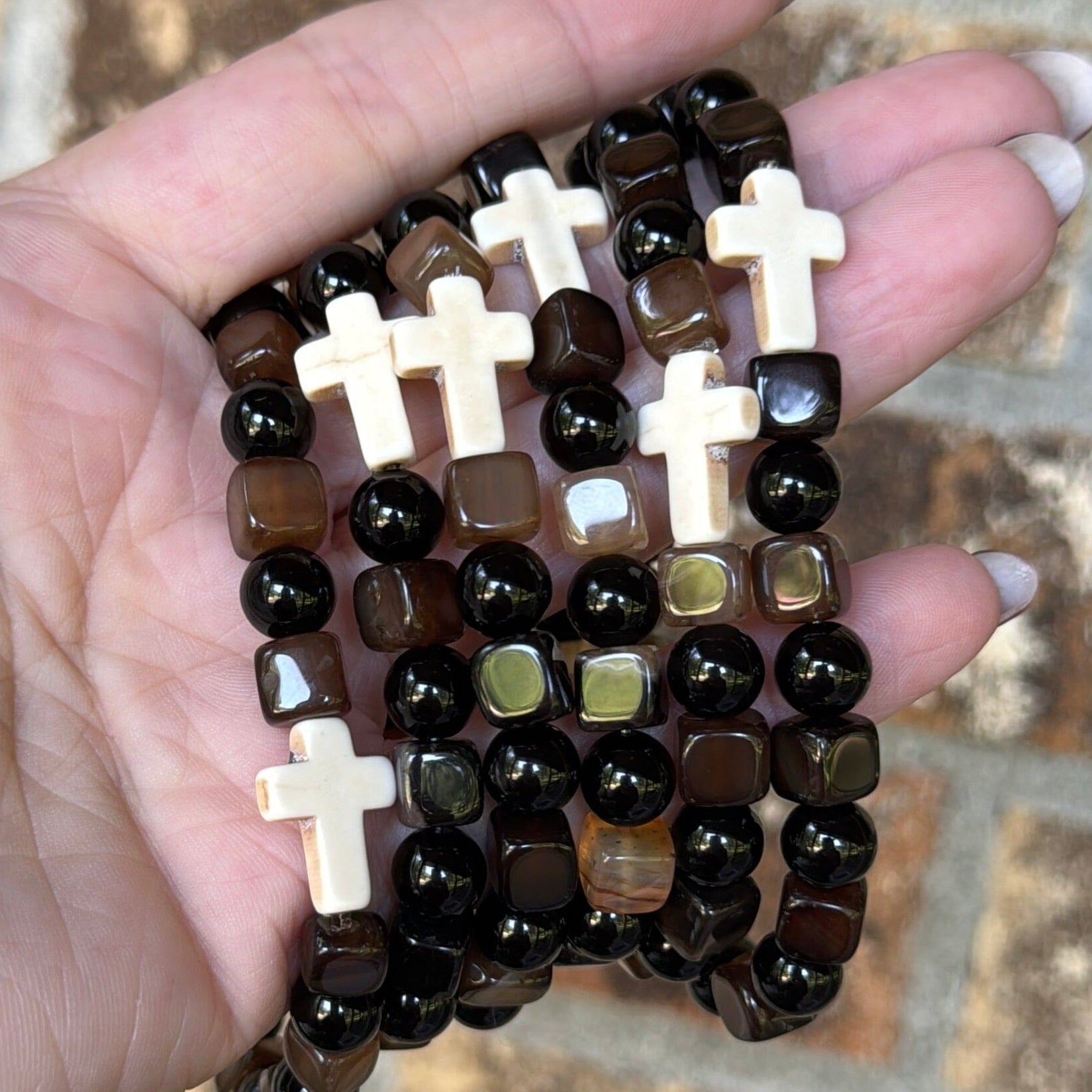 New! Mocha Cross Square Mix | Gemstone Bead Bracelets | 8mm Stone | Unisex Bracelets Create Hope Cuffs 