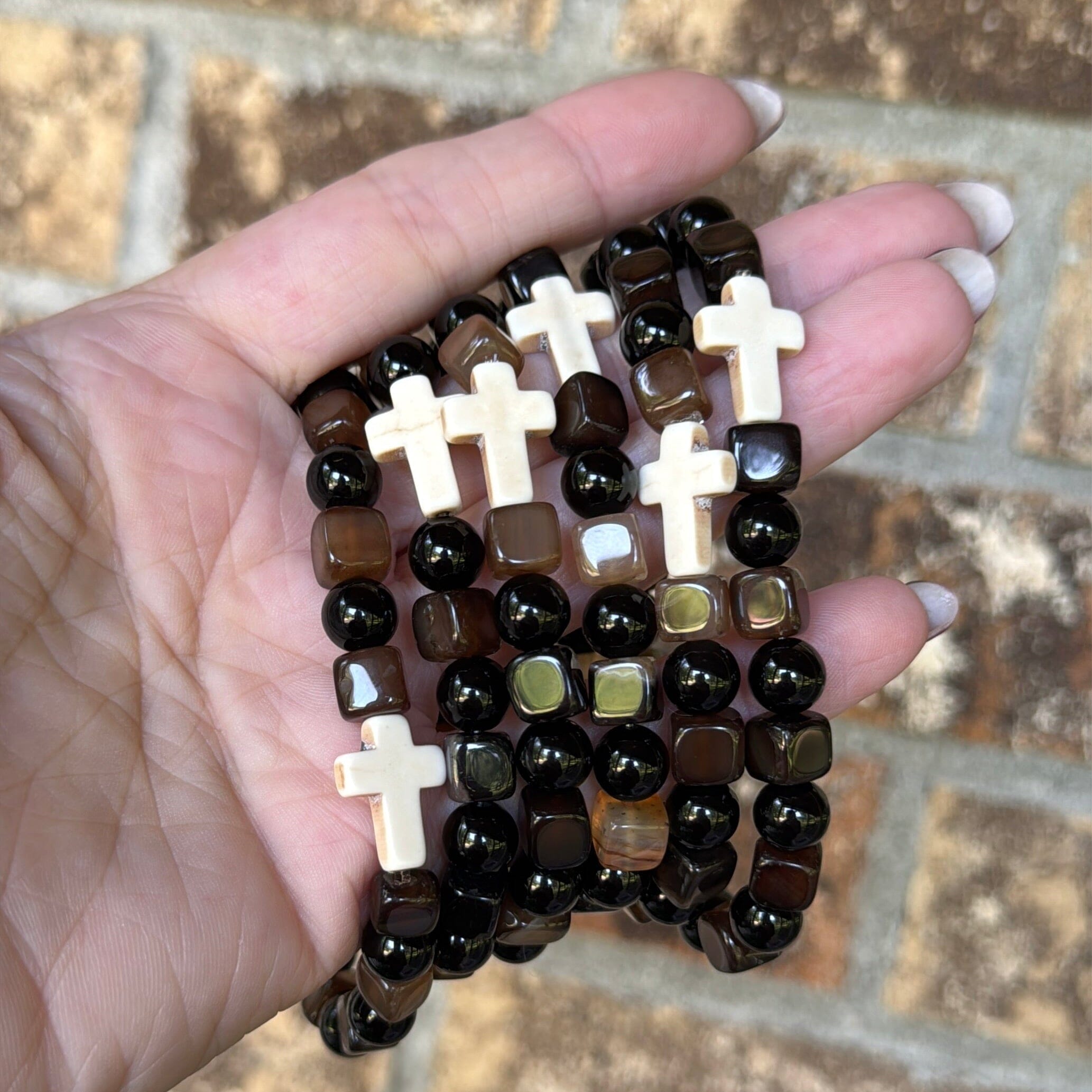 New! Mocha Cross Square Mix | Gemstone Bead Bracelets | 8mm Stone | Unisex Bracelets Create Hope Cuffs 
