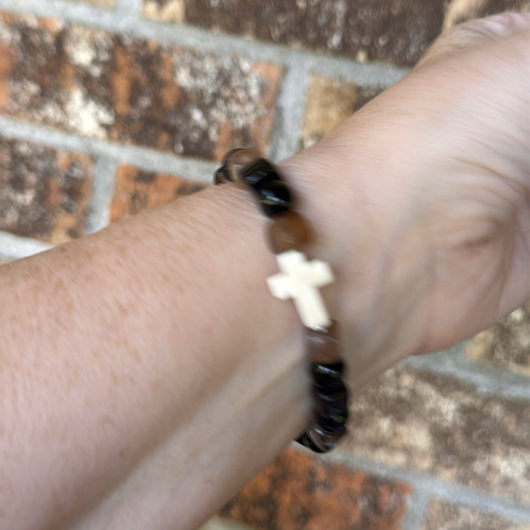 New! Mocha Cross Square Mix | Gemstone Bead Bracelets | 8mm Stone | Unisex Bracelets Create Hope Cuffs 