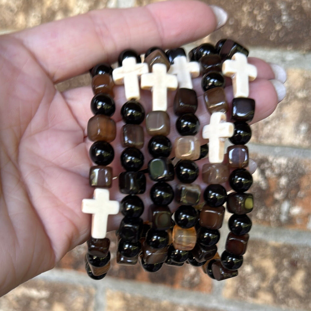 New! Mocha Cross Square Mix | Gemstone Bead Bracelets | 8mm Stone | Unisex Bracelets Create Hope Cuffs 