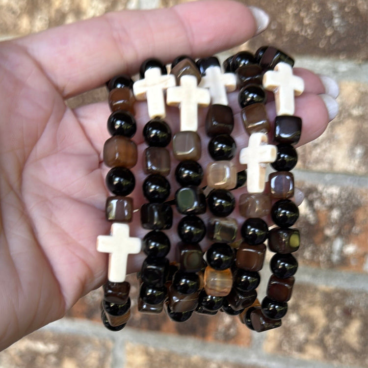 New! Mocha Cross Square Mix | Gemstone Bead Bracelets | 8mm Stone | Unisex Bracelets Create Hope Cuffs 