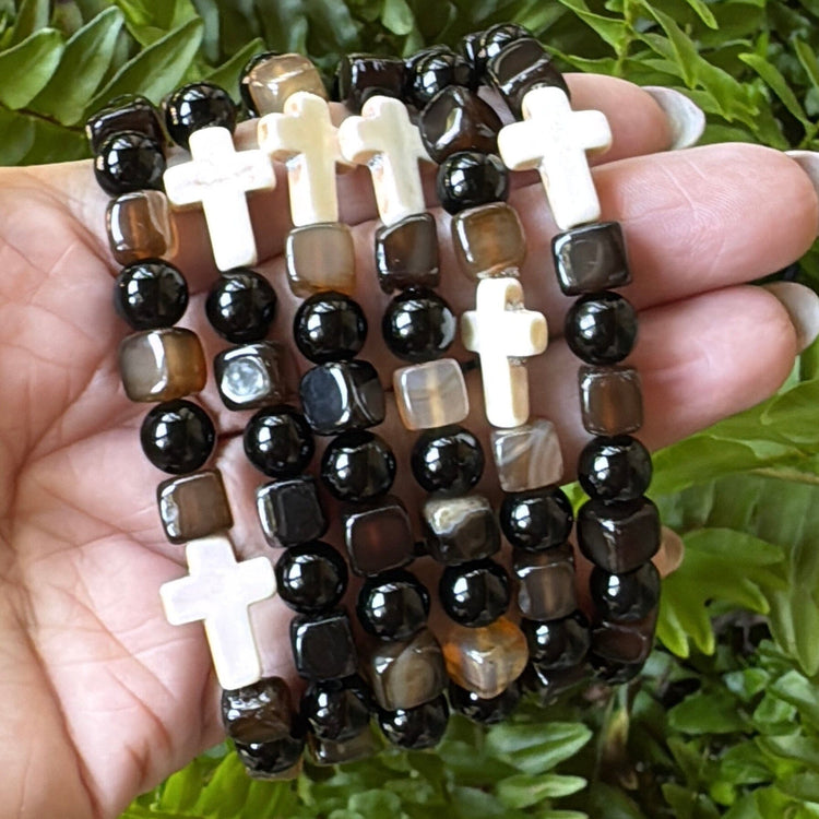 New! Mocha Cross Square Mix | Gemstone Bead Bracelets | 8mm Stone | Unisex Bracelets Create Hope Cuffs 