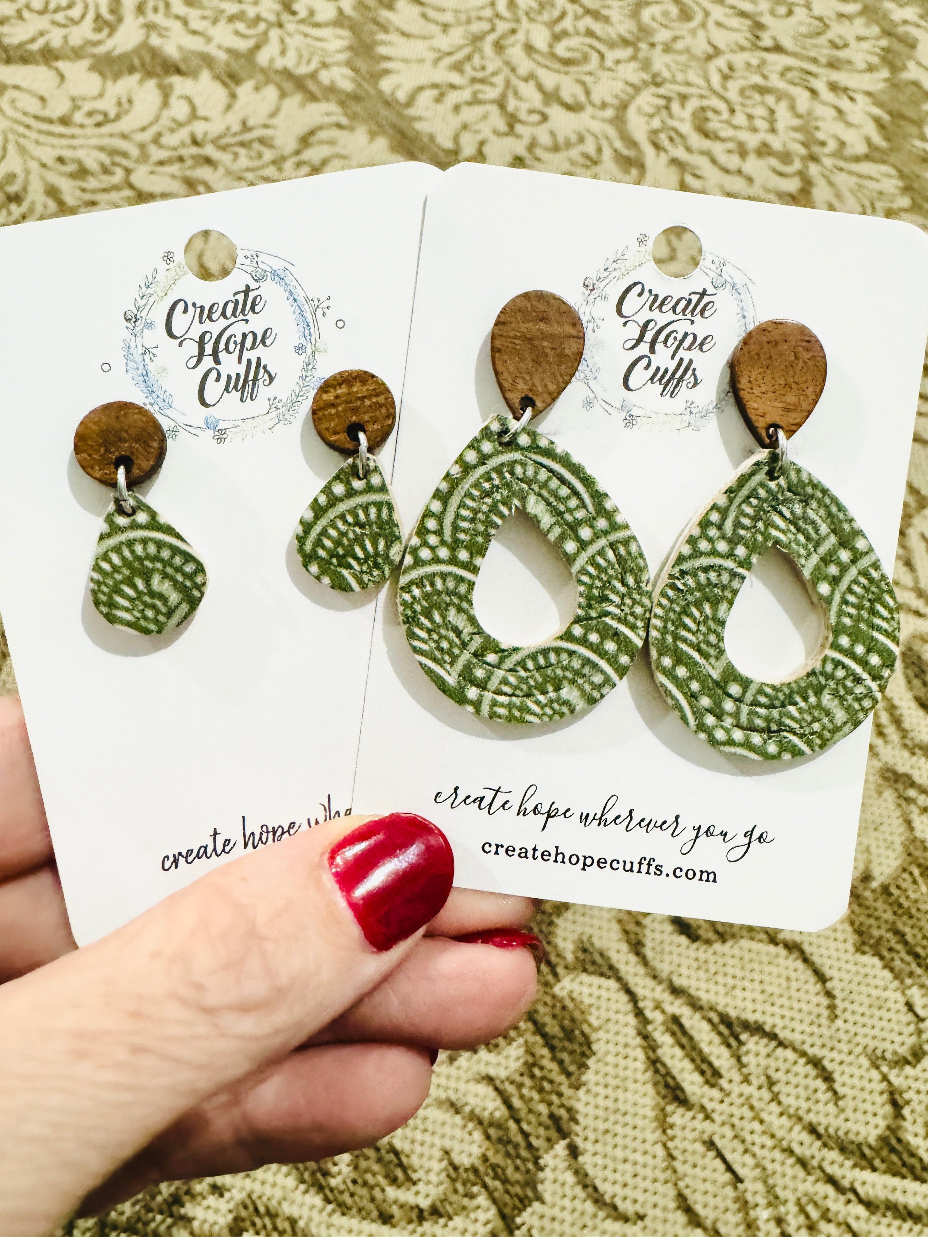 Olive & Cream | 2 Styles | Teardrop Wood and Leather Earrings | Hypoallergenic | Women Leather Earrings Create Hope Cuffs 