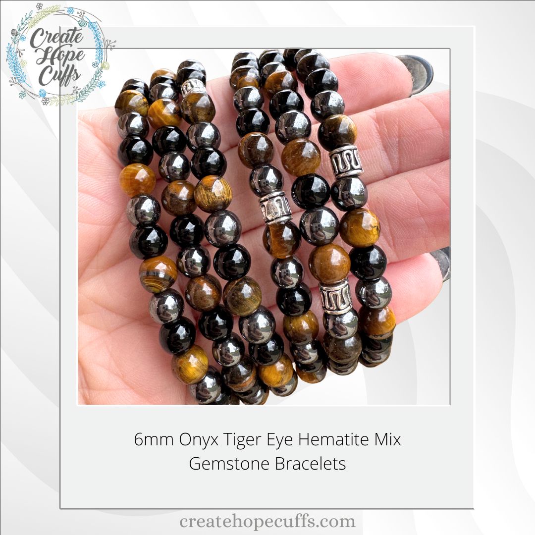 Onyx Tiger Eye Hematite Mix | Gemstone Bead Bracelets | 6mm Stone | Unisex Bracelets Create Hope Cuffs 