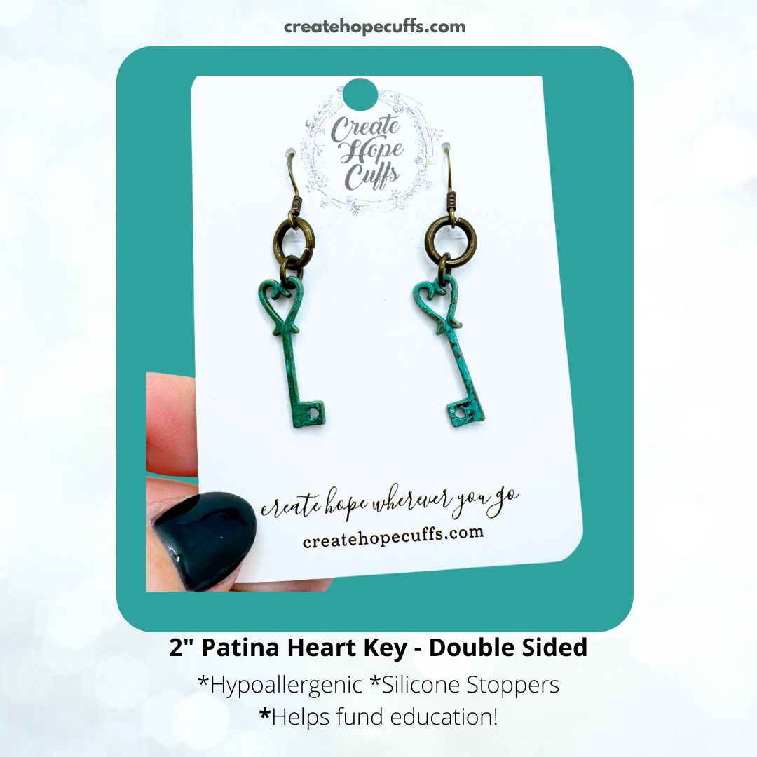 Patina Heart Key - Double Sided | Leather Earrings | Hypoallergenic | Women Leather Earrings Create Hope Cuffs 