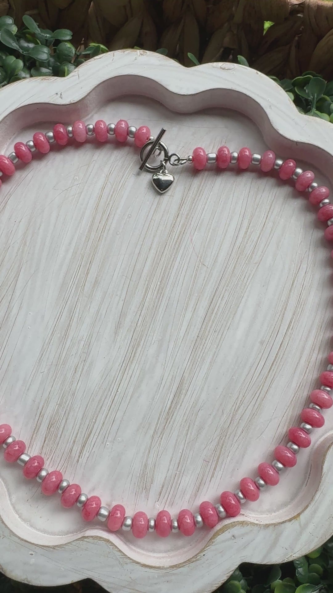 New! 5mm Pink Silver Sky Rondelle Candy Necklace | 16" Women Toggle Clasp Necklace | Stainless Steel Wire
