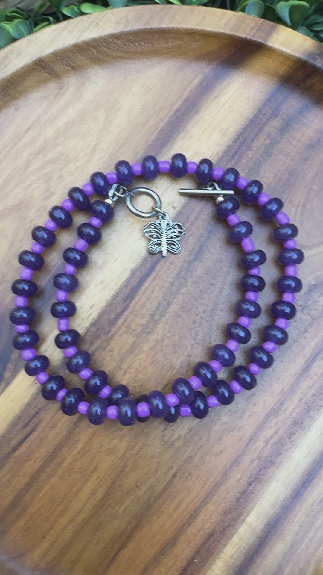 New! 5mm Purple Butterfly Rondelle Candy Necklace | 16" Women Toggle Clasp Necklace | Stainless Steel Wire
