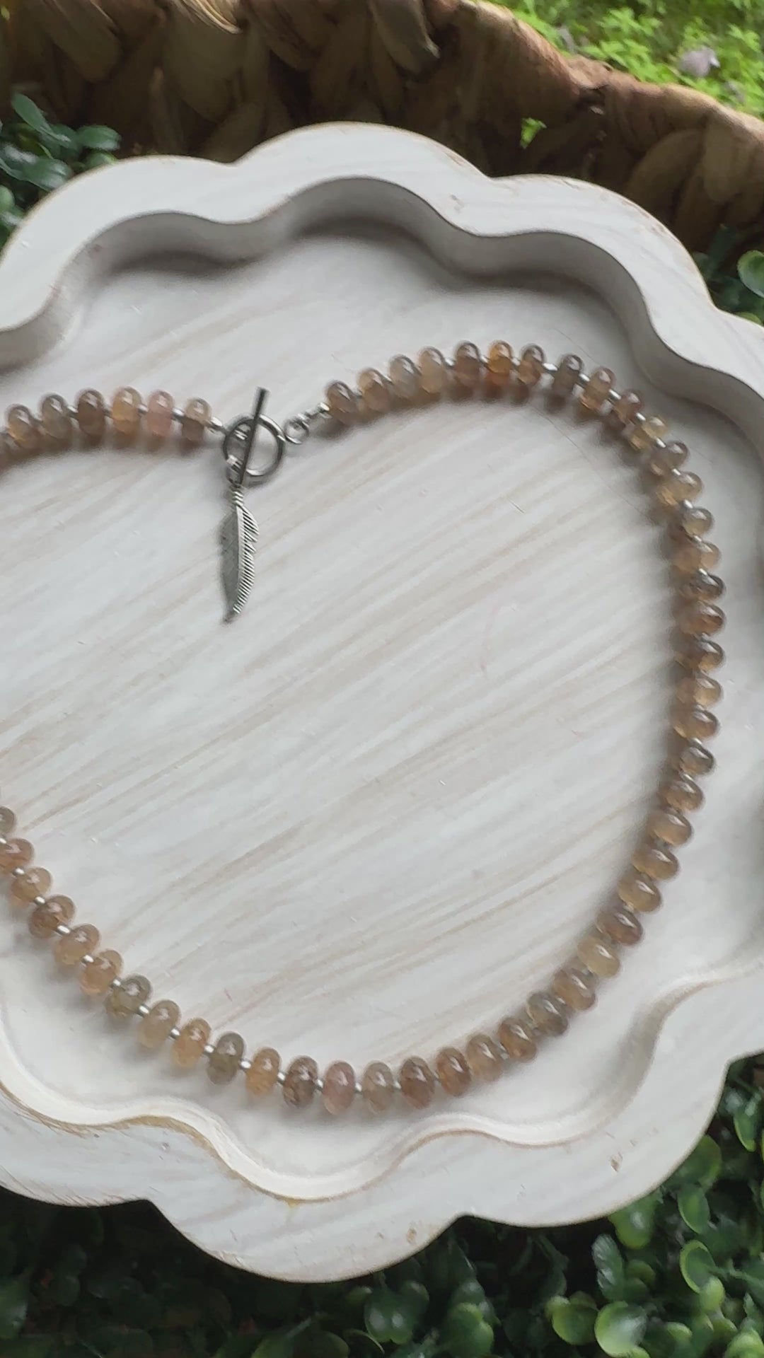 New! 5mm Frappe Brown Feather Rondelle Candy Necklace | 16" Women Toggle Clasp Necklace | Stainless Steel Wire