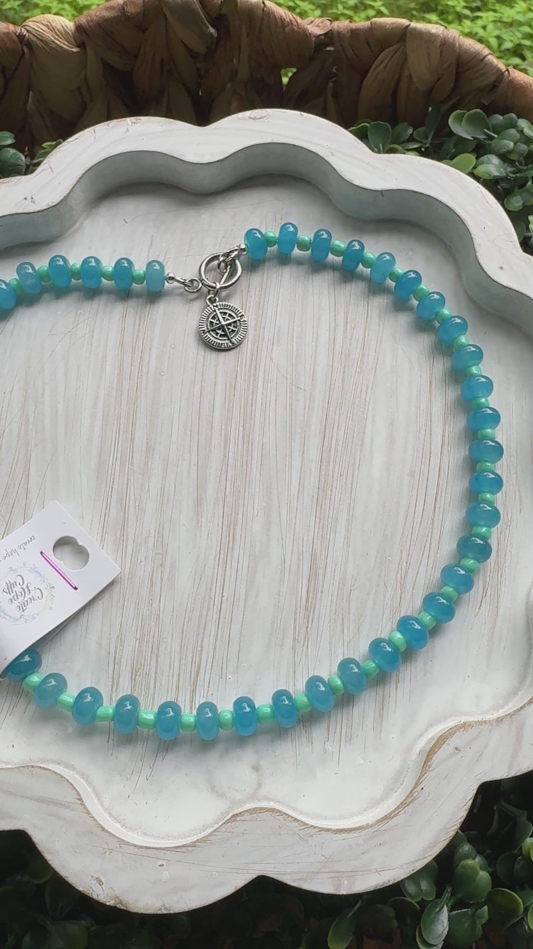 New! 5mm Blue Mint Compass Rondelle Candy Necklace | 16" Women Toggle Clasp Necklace | Stainless Steel Wire