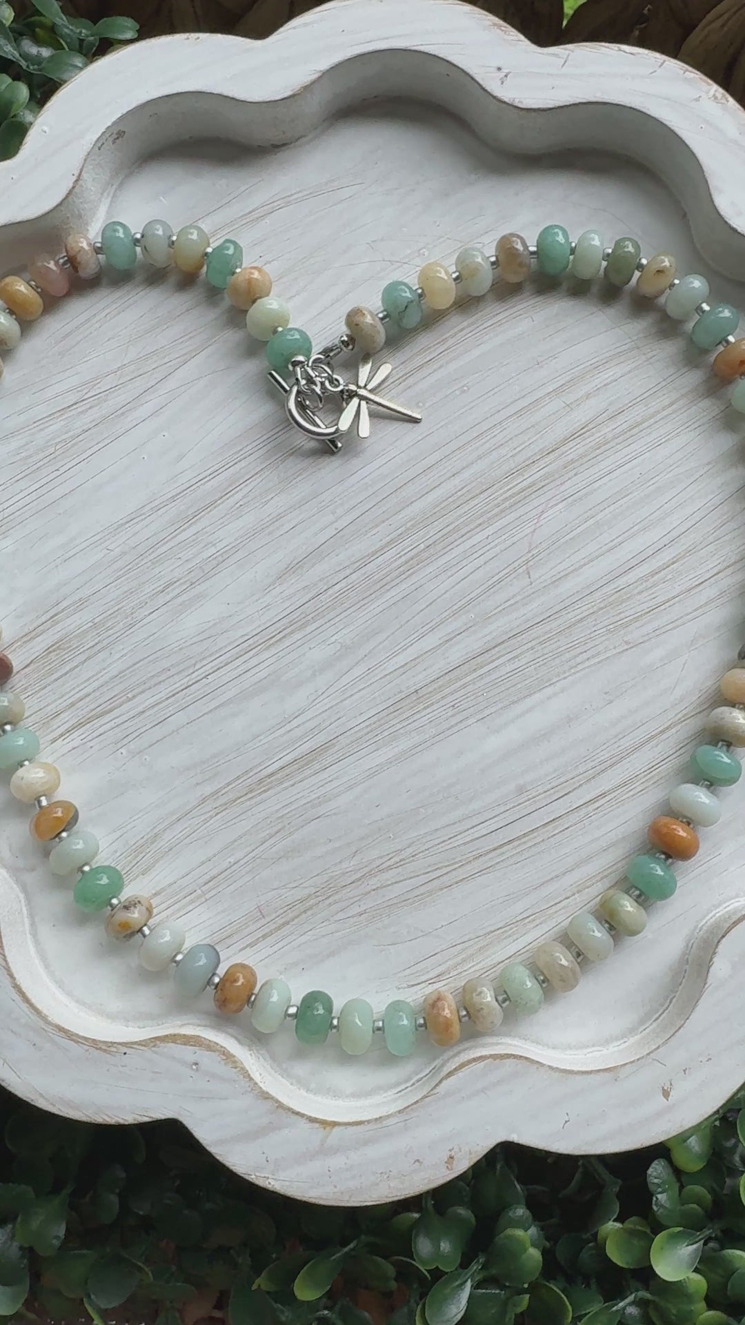New! 5mm Amazonite Dragonfly Rondelle Gemstone Necklace | 16" Women Toggle Clasp Necklace | Stainless Steel Wire
