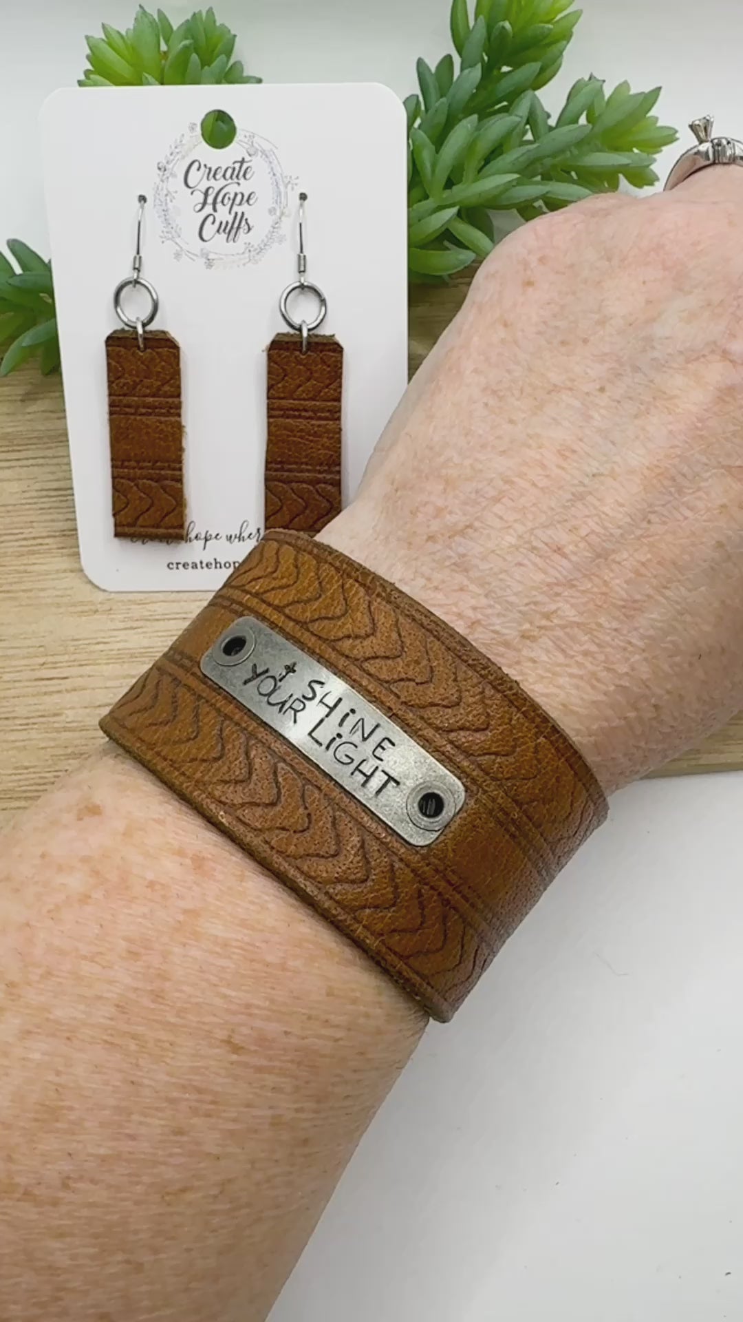 Chevron SHINE YOUR LIGHT | Brown Wide Leather OOAK | One of A Kind | Upcycled Cuff | Adjustable | Women