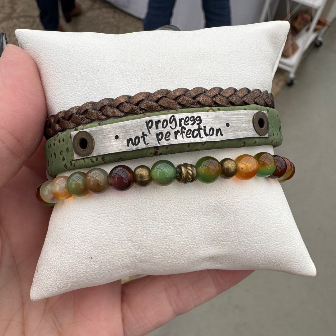 PROGRESS NOT PERFECTION | Avocado Green Cork Skinny Set | 3 pieces | Bracelets | Women Skinny Bracelets Create Hope Cuffs 