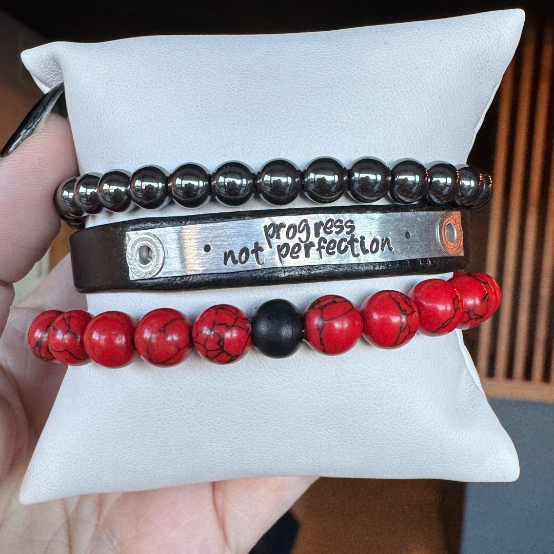 PROGRESS NOT PERFECTION | Solid Brown Leather Skinny Set | 3 pieces | Bracelets | Women Skinny Bracelets Create Hope Cuffs 