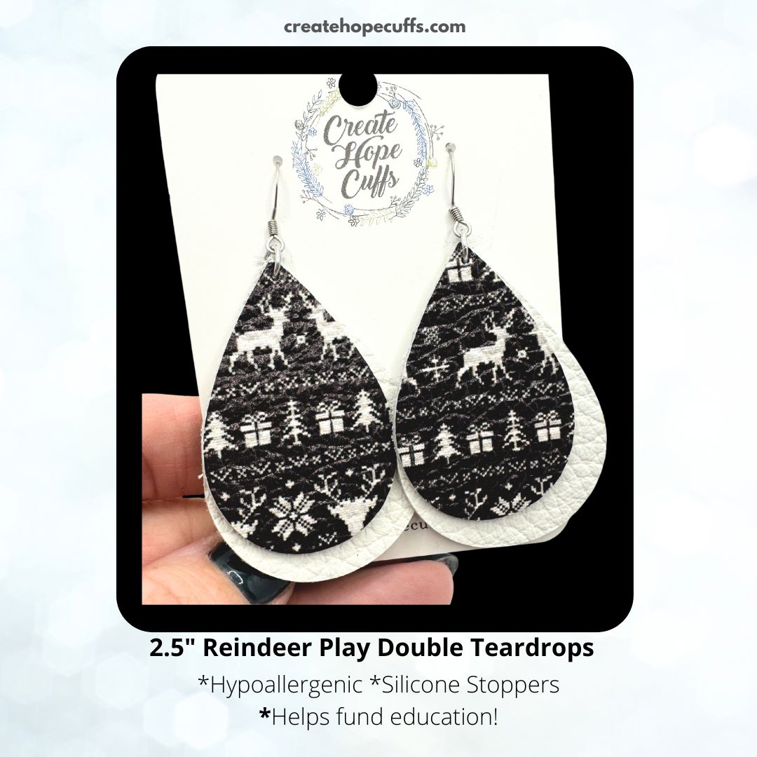 Reindeer Play | Black and White Double Teardrop Leather Earrings | Hypoallergenic | Women Leather Earrings Create Hope Cuffs 
