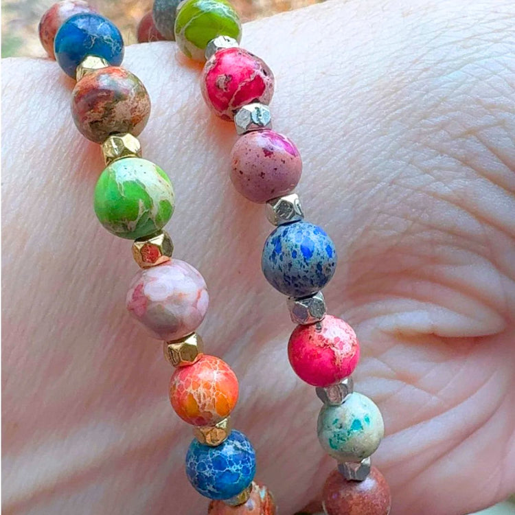 RESTOCKED Rainbow Agate Bead Bracelet | 6mm | Gemstone | Womens Bracelets Create Hope Cuffs Gold seed bead accents (left) 