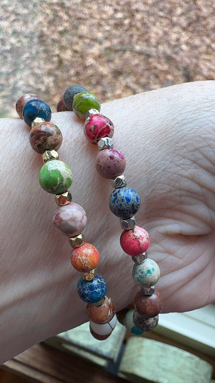 RESTOCKED Rainbow Agate Bead Bracelet | 6mm | Gemstone | Womens Bracelets Create Hope Cuffs Gold seed bead accents (left) 