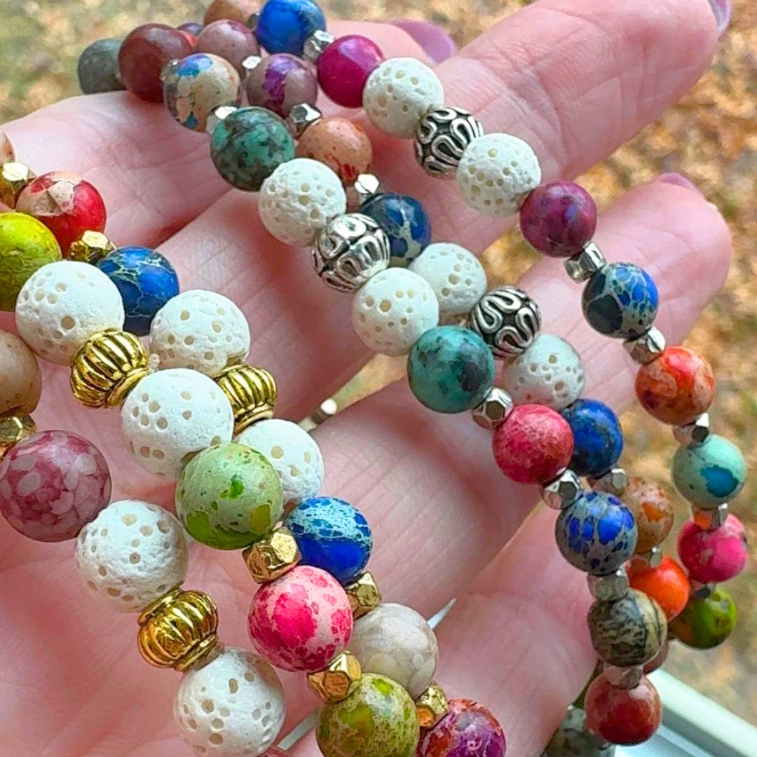 RESTOCKED Rainbow Agate Bead Bracelet | 6mm | Gemstone | Womens Bracelets Create Hope Cuffs Silver seed bead accents (right) 