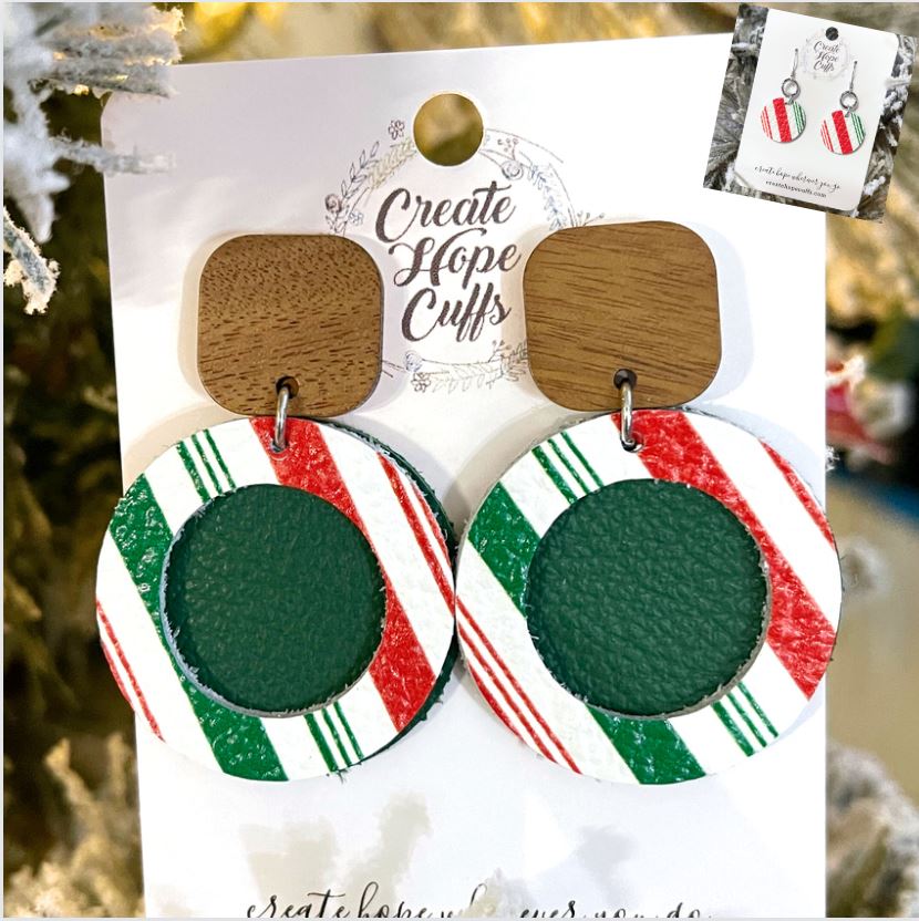 Round Peppermint Stripe | 2" Stacked Wood and Leather Earrings | Hypoallergenic | Women Leather Earrings Create Hope Cuffs 