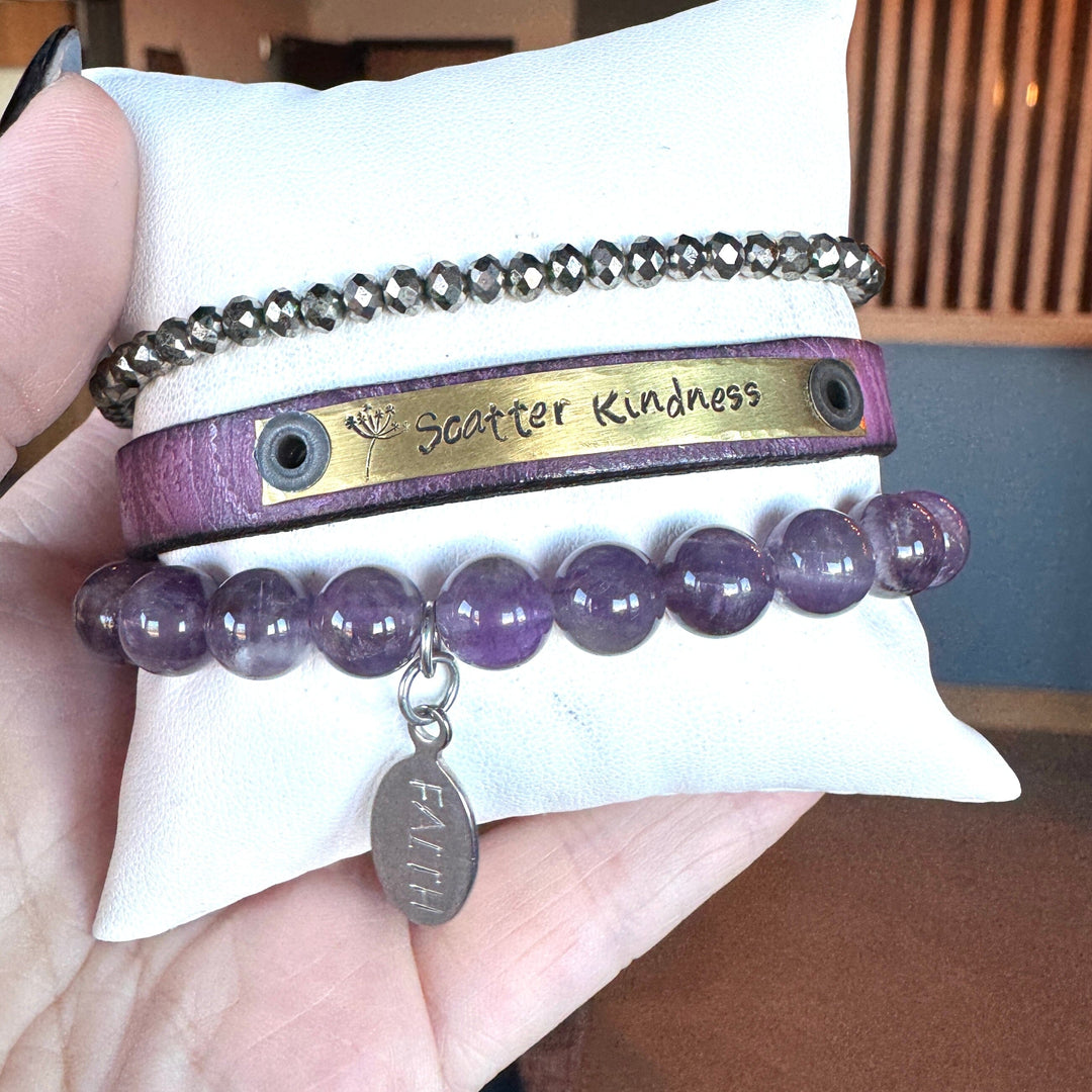 SCATTER KINDNESS | Embossed Purple Leather Skinny Set | 3 pieces | Bracelets | Women Skinny Bracelets Create Hope Cuffs 