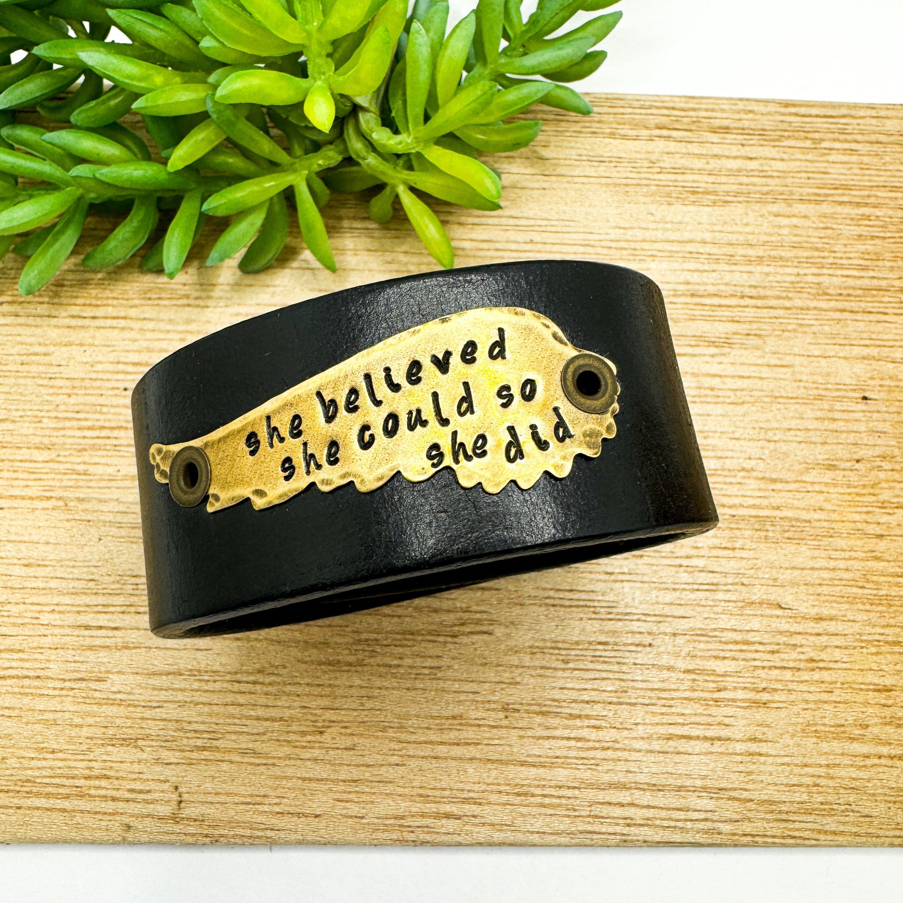 SHE BELIEVED | Black and Bronze Wide Leather OOAK | One of A Kind | Upcycled Cuff | Adjustable | Women Leather Cuff Create Hope Cuffs 