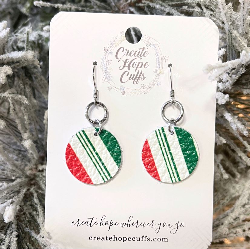 Small Round Peppermint Stripe | 1.75" Stacked Ring Leather Earrings | Hypoallergenic | Women Leather Earrings Create Hope Cuffs 