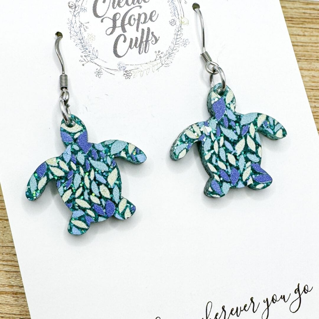 Sparkly Sea Turtles | 1.5" Resin Leather Earrings | Hypoallergenic | Women Leather Earrings Create Hope Cuffs 