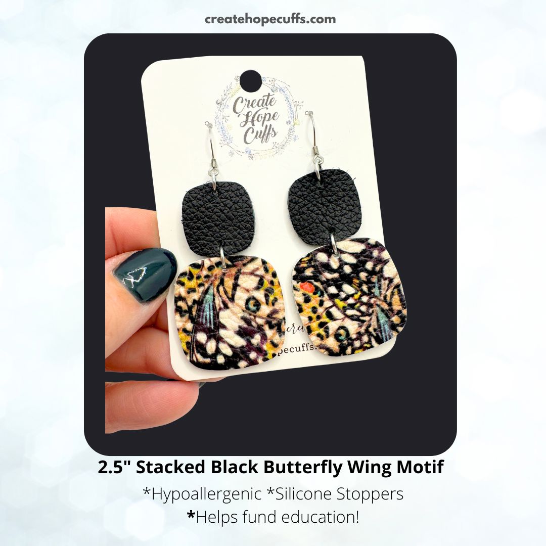 Stacked Black Butterfly Wing Motif | Leather Earrings | Hypoallergenic | Women Leather Earrings Create Hope Cuffs 