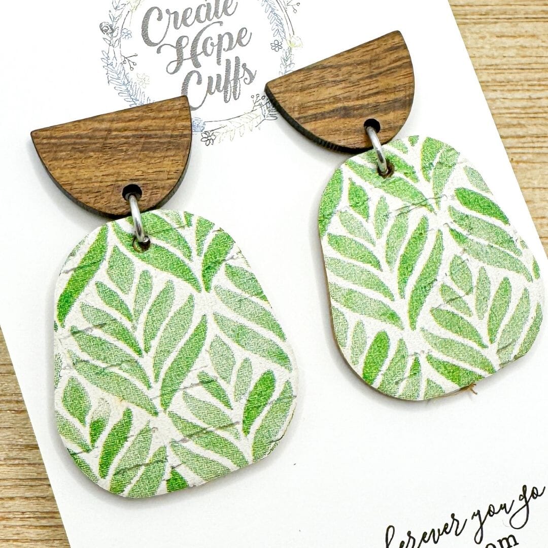 Stacked Green Leaf | 1.75 Stud Wood Leather Earrings | Hypoallergenic | Women Leather Earrings Create Hope Cuffs 