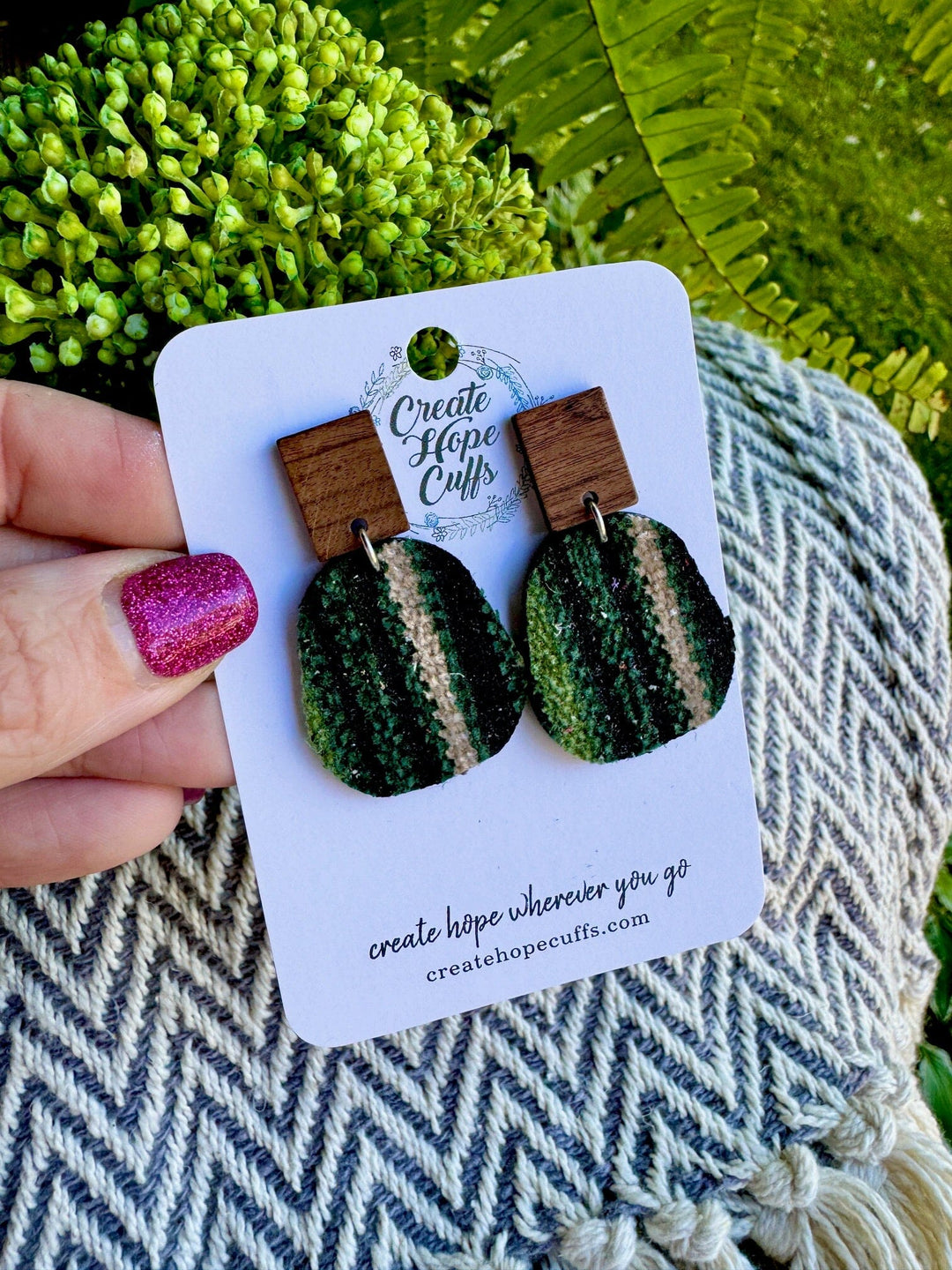 Striped Green Tweed | 2 Styles | Stacked Wood Earrings | Hypoallergenic | Women Leather Earrings Create Hope Cuffs Square Stud 