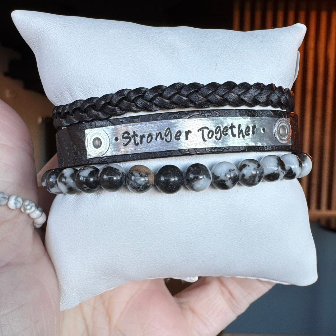 STRONGER TOGETHER | Embossed Black Leather Skinny Set | 3 pieces | Bracelets | Women Skinny Bracelets Create Hope Cuffs 