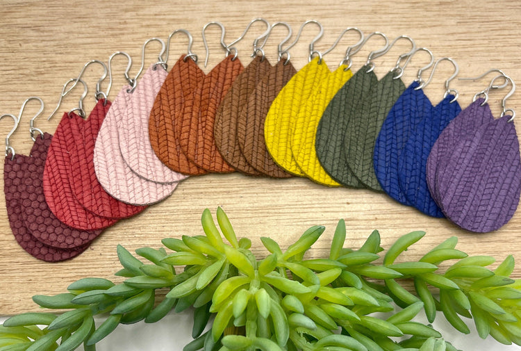 Textured Teardrop Leather Earrings | 14 Colors | Hypoallergenic Leather Earrings Create Hope Cuffs 