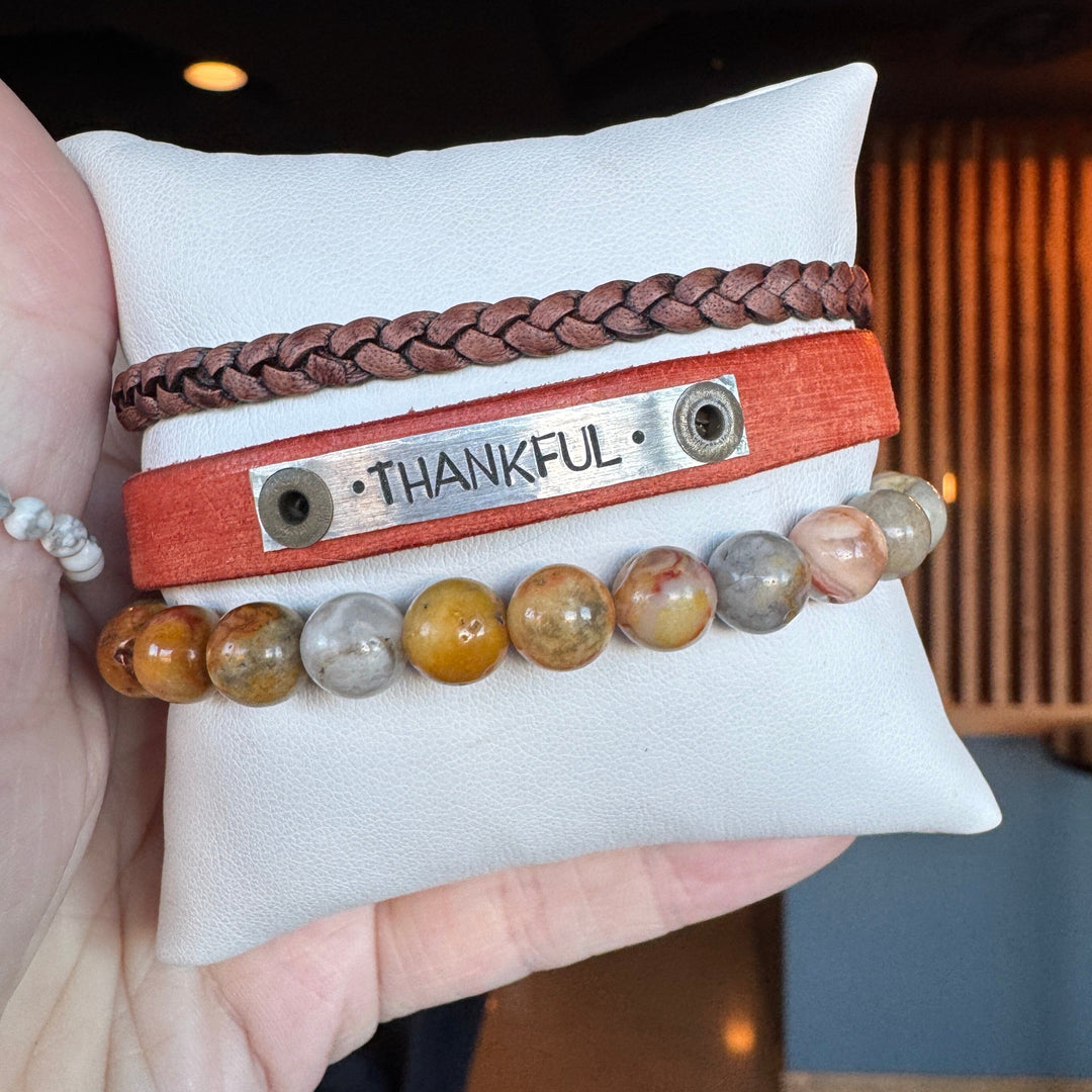 THANKFUL | Vintage Orange Leather Skinny Set | 3 pieces | Bracelets | Women Skinny Bracelets Create Hope Cuffs 