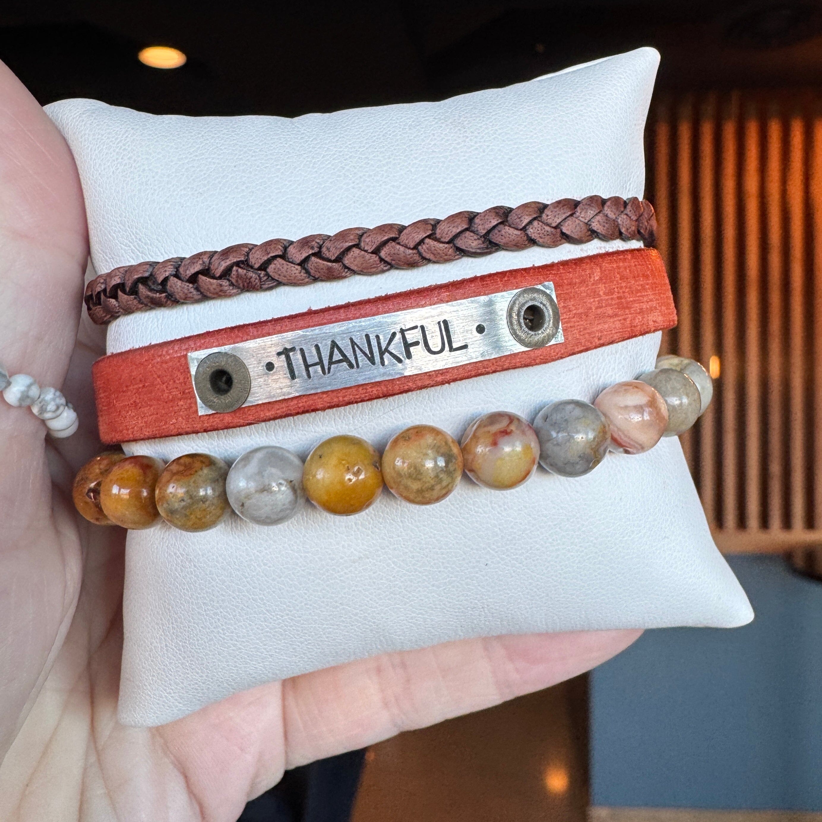 THANKFUL | Vintage Orange Leather Skinny Set | 3 pieces | Bracelets | Women Skinny Bracelets Create Hope Cuffs 